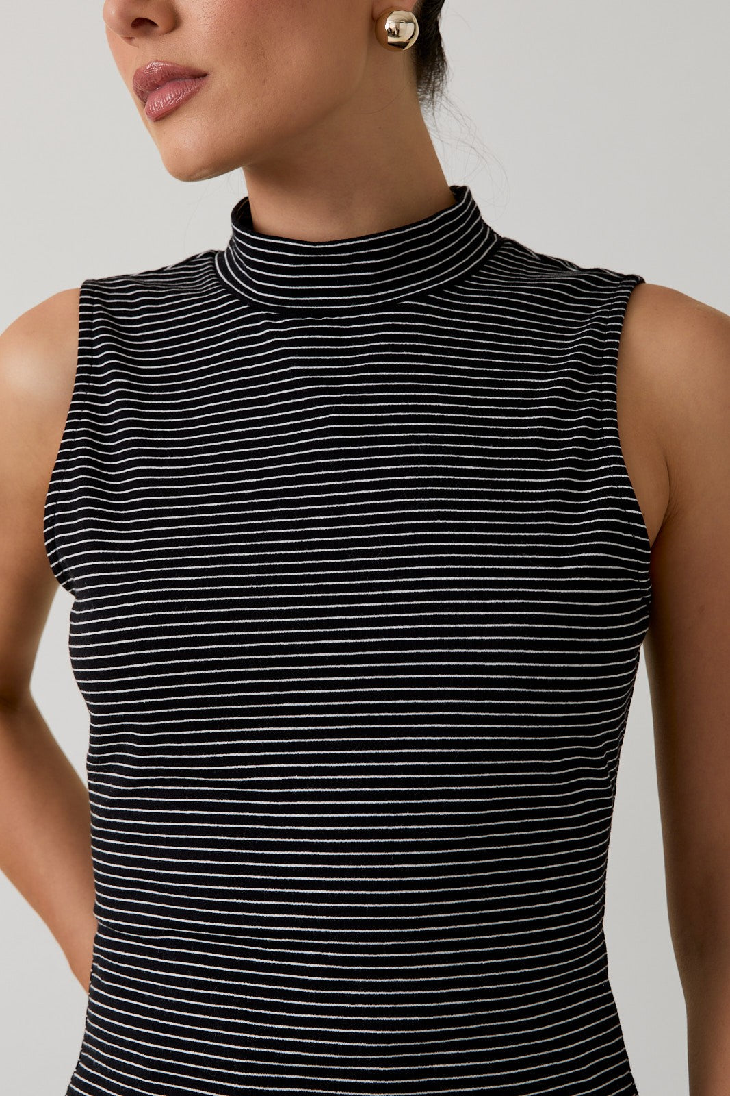 PRE ORDER 10/3-Mock Neck Sleeveless Stripe Knit Top - Cotton Blend