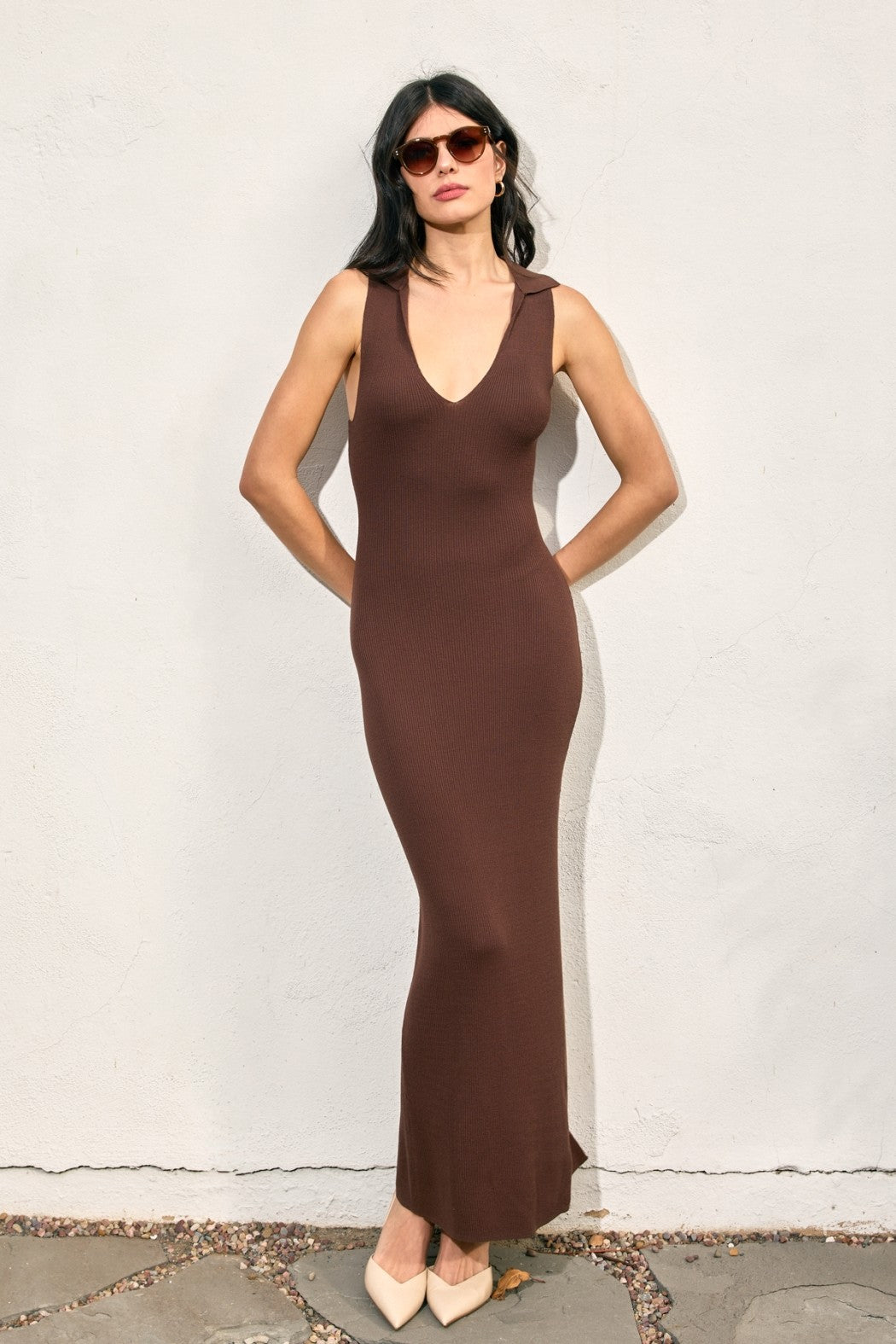 Lisa’s Lightweight Knit Maxi Dress with Back Slit - Sleeveless V-Neck