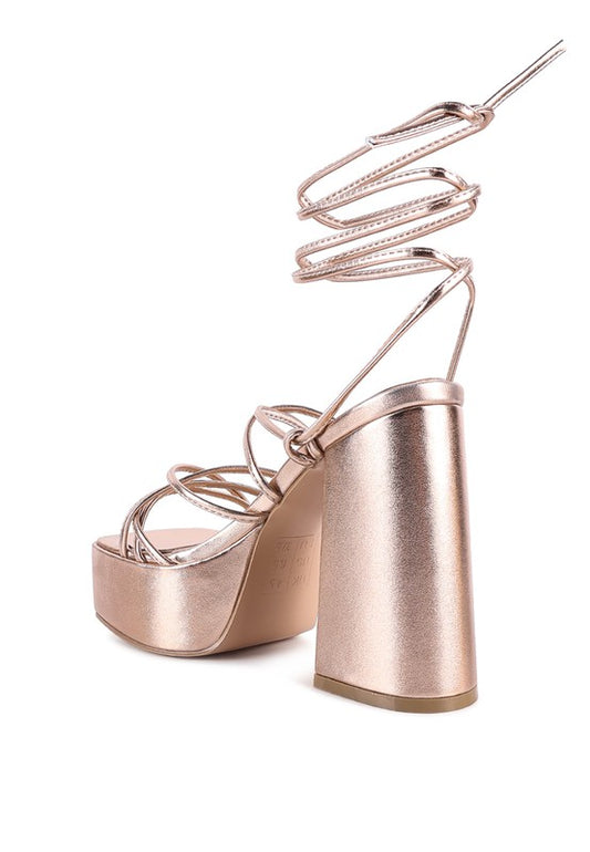 ANVIL METALLIC BLOCK HEELED LACE UP SANDAL