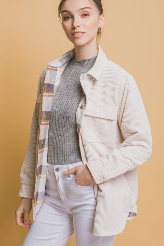 Reversible 2-in-1 Button Down Jacket - Front Pockets & Long Sleeves