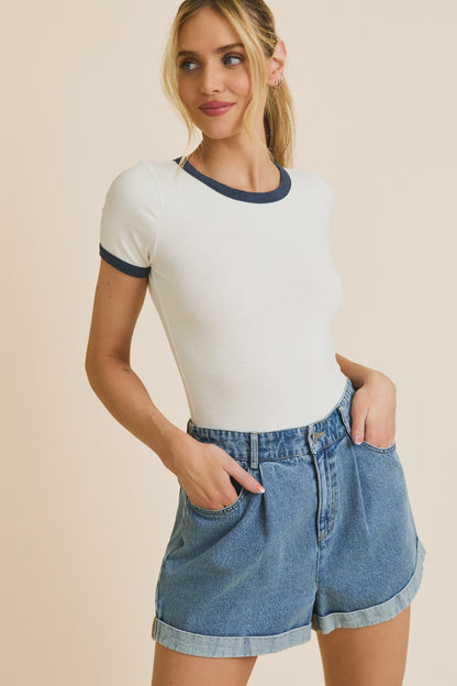 Dallas White Bodysuit with Denim Trim