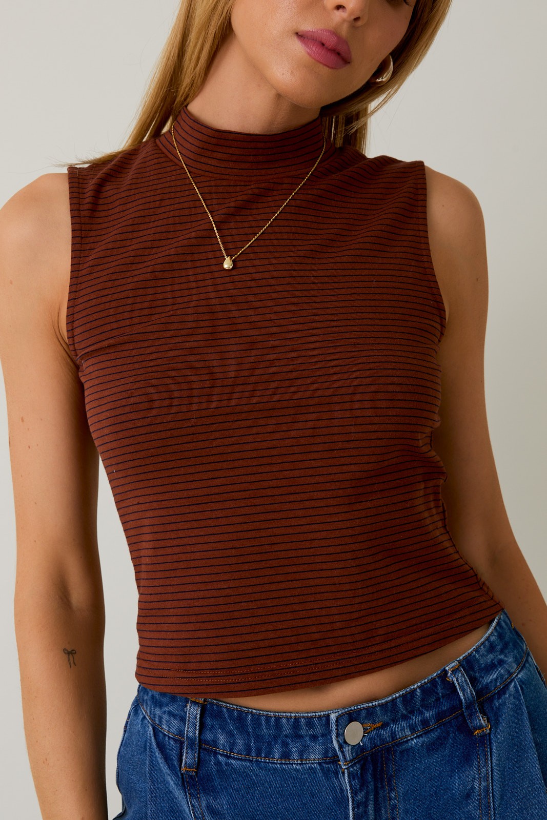 PRE ORDER 10/3-Mock Neck Sleeveless Stripe Knit Top - Cotton Blend