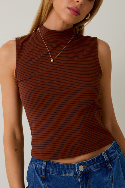 PRE ORDER 10/3-Mock Neck Sleeveless Stripe Knit Top - Cotton Blend