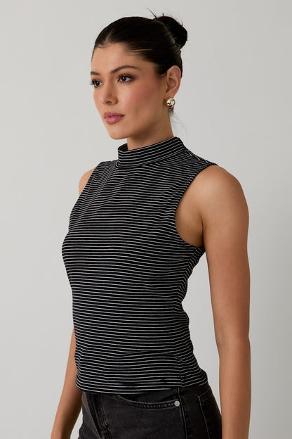PRE ORDER 10/3-Mock Neck Sleeveless Stripe Knit Top - Cotton Blend