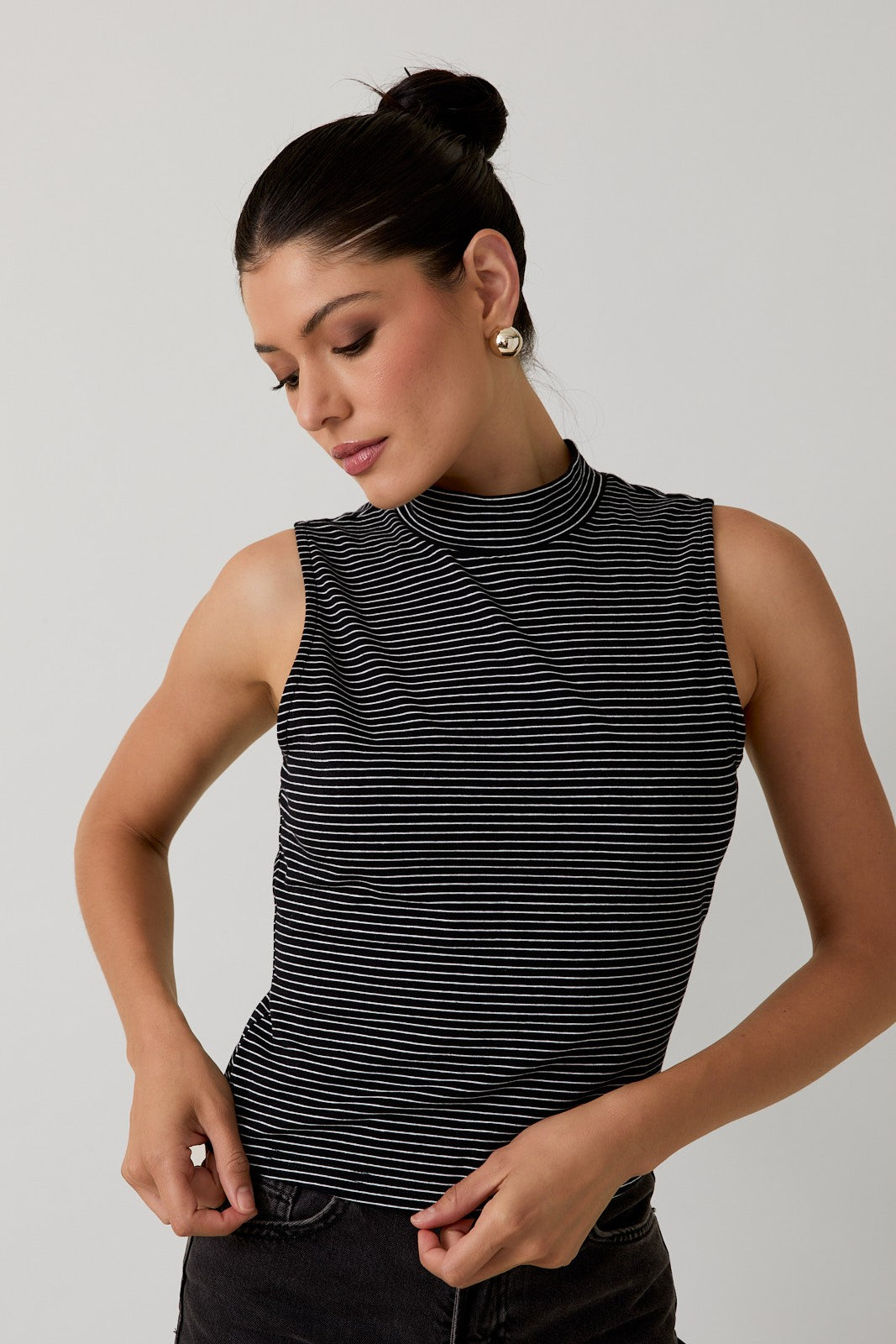 PRE ORDER 10/3-Mock Neck Sleeveless Stripe Knit Top - Cotton Blend