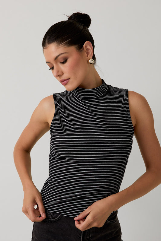 PRE ORDER 10/3-Mock Neck Sleeveless Stripe Knit Top - Cotton Blend