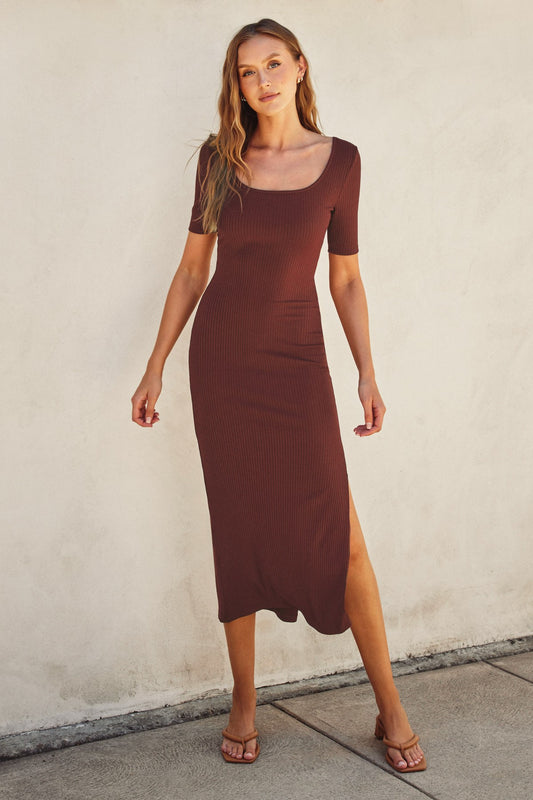 Roses Ribbed Knit Midi Dress - Square Neck Short Sleeve with Side Slit