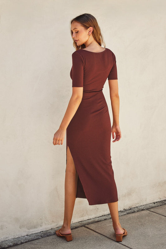 Roses Ribbed Knit Midi Dress - Square Neck Short Sleeve with Side Slit